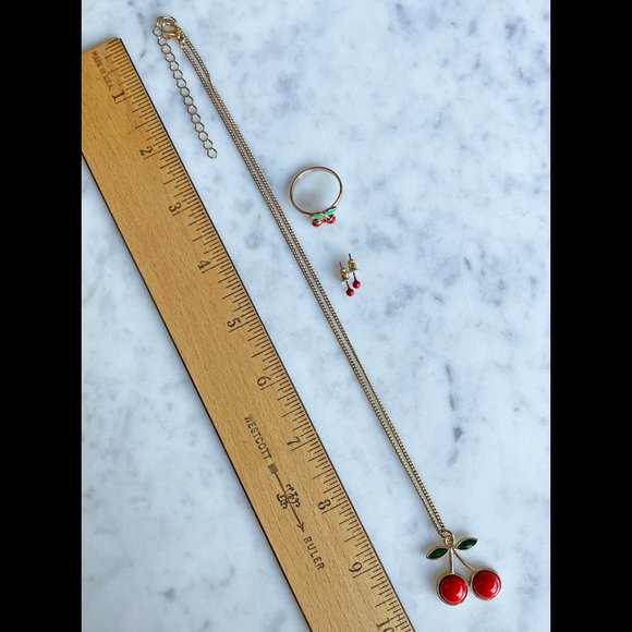 Cherries Necklace and Ring with Coordinating Post Earrings, 3-Piece Set - Picture 6 of 7